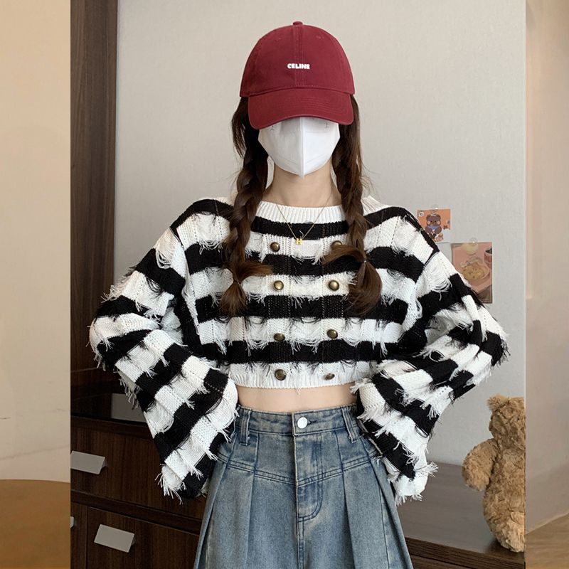 Striped French Tassel Design Sense Long Sleeve Short Top