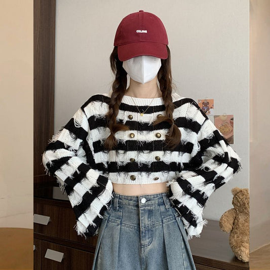 Striped French Tassel Design Sense Long Sleeve Short Top