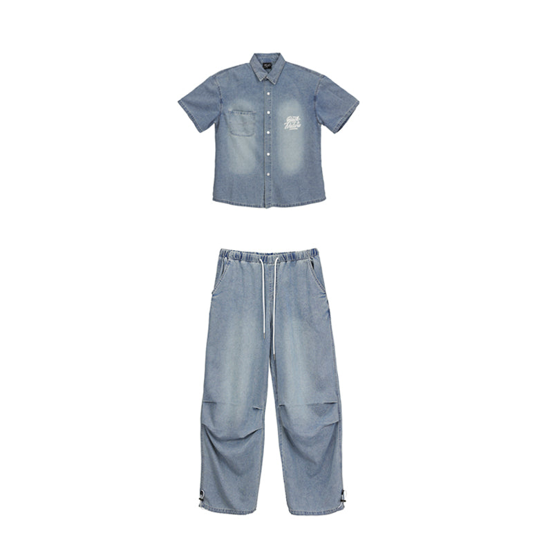 American Street Hip Hop Denim Suit Shirt Trousers
