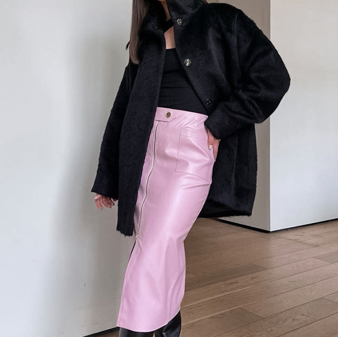 Autumn Winter Retro Matte Casual Leather Split Skirt